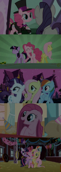 Size: 1280x3600 | Tagged: safe, edit, edited screencap, editor:jerryakiraclassics19, screencap, applejack, fluttershy, pinkie pie, rainbow dash, rarity, twilight sparkle, earth pony, pegasus, pony, unicorn, party of one, 80s, clothes, dancing, female, group hug, hat, hug, image, mane six, mare, party hat, pinkamena diane pie, png, unicorn twilight