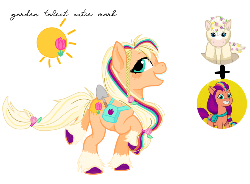 Size: 2999x2209 | Tagged: safe, artist:dancingkinfiend, artist:vernorexia, derpibooru import, sunny starscout, oc, clydesdale, earth pony, pony, bag, base used, blonde, braid, colored hooves, commission, cutie mark, eyelashes, flower, flower in hair, fusion, g5, g5 concept leak style, hairband, image, leg fluff, orange coat, png, ponytail, prancing, raised hoof, shovel, simple background, solo, transparent background, tulip, webkinz, webkinz tulip pony