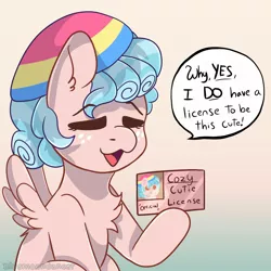 Size: 1790x1788 | Tagged: safe, artist:bluemoon, derpibooru import, cozy glow, pegasus, pony, beanie, beanie hat, commission, cozybetes, cute, dialogue, eyes closed, female, filly, foal, hat, image, jpeg, license, pansexual pride flag, pride, pride flag, solo, spread wings, wings, ych result