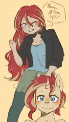 Size: 1080x1920 | Tagged: safe, artist:metaruscarlet, derpibooru import, sunset shimmer, pony, unicorn, equestria girls, blushing, clothes, cute, duo, female, grin, human ponidox, image, jacket, jeans, leather jacket, mare, motivational, one eye closed, pants, png, positive ponies, self paradox, self ponidox, shimmerbetes, simple background, skirt, smiling, wink, yellow background