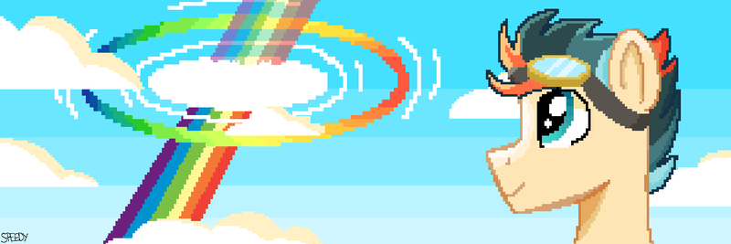 Size: 1500x500 | Tagged: safe, artist:turboswifter, derpibooru import, oc, oc:turbo swifter, pony, goggles, image, male, my little pony, pixel art, png, sonic rainboom, stallion