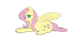 Size: 2600x1250 | Tagged: safe, artist:snspony, derpibooru import, edit, fluttershy, pegasus, pony, :t, blushing, colored pupils, cute, female, full body, hooves, image, lidded eyes, lying down, mare, png, prone, shyabetes, simple background, smiling, solo, white background, wings