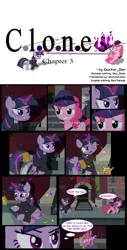 Size: 1042x2048 | Tagged: safe, artist:dendoctor, derpibooru import, mean twilight sparkle, pinkie pie, twilight sparkle, twilight sparkle (alicorn), alicorn, earth pony, pony, comic:clone.., alternate universe, cider, clone, clothes, comic, confetti, female, glow, glowing horn, horn, image, jpeg, magic, pinkie clone, rain, telekinesis, trash can