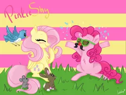 Size: 4000x3000 | Tagged: safe, artist:lostsheepp, derpibooru import, fluttershy, pinkie pie, bird, earth pony, mouse, pegasus, pony, rabbit, animal, blushing, chest fluff, confetti, cute, diapinkes, female, flutterpie, groucho mask, high res, image, lesbian, mare, png, shipping, shyabetes, sitting