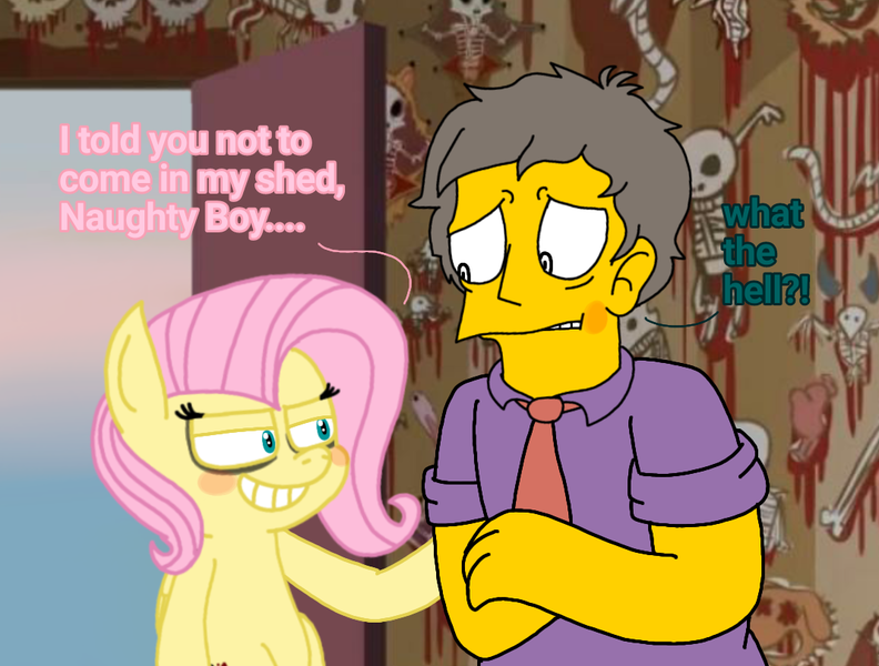 Size: 1070x811 | Tagged: grimdark, artist:haileykitty69, derpibooru import, fluttershy, human, pegasus, .mov, fluttermour, fluttershed, image, png, pony.mov, seymour skinner, the simpsons