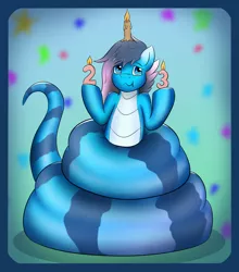 Size: 1756x2000 | Tagged: safe, artist:triksa, derpibooru import, oc, oc:liu, lamia, original species, snake, birthday, candle, happy birthday, image, party, png, simple background, slime