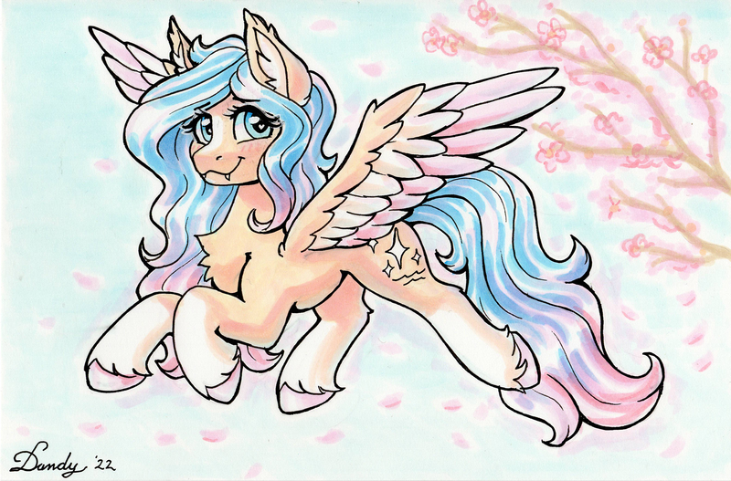 Size: 2688x1771 | Tagged: safe, artist:dandy, derpibooru import, oc, oc:blissful daydreams, unofficial characters only, pegasus, pony, blushing, cherry blossoms, chest fluff, cute, cute little fangs, ear fluff, fangs, female, flower, flower blossom, flying, image, looking at you, pegasus oc, png, smiling, solo, traditional art, unshorn fetlocks, wings