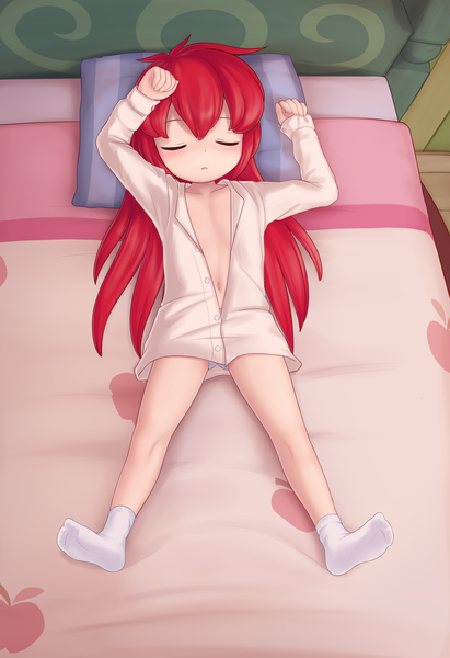 Size: 4221x6168 | Tagged: suggestive, artist:pestil, banned from derpibooru, apple bloom, human, bed, blushing, clothes, female, humanized, image, lolicon, open clothes, open shirt, png, shirt, sleeping, socks, solo, solo female, underage