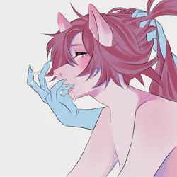 Size: 2048x2048 | Tagged: suggestive, artist:pelfox, derpibooru import, oc, oc:rose charm, anthro, earth pony, blushing, claws, commission, digital art, drool, drool string, duo, female, flushed face, flustered, hair pulling, image, jpeg, long hair, looking at you, shading, simple background, white background