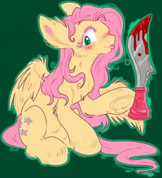 Size: 2282x2505 | Tagged: semi-grimdark, artist:melodythepuppy, derpibooru import, fluttershy, pony, blood, blushing, chest fluff, female, green background, hoof hold, image, jpeg, knife, magnetic hooves, mare, outline, simple background, sitting, underhoof