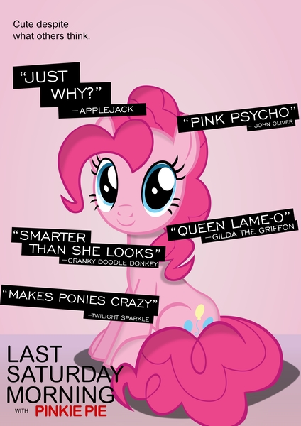 Size: 3307x4677 | Tagged: safe, alternate version, artist:mrkat7214, derpibooru import, pinkie pie, earth pony, pony, cute, diapinkes, female, high res, image, implied applejack, implied cranky doodle donkey, implied gilda, implied twilight sparkle, last saturday morning with pinkie pie, last week tonight, last week tonight with john oliver, looking at you, mare, one of these things is not like the others, parody, png, poster, sitting, solo, vector