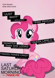 Size: 3307x4677 | Tagged: safe, alternate version, artist:mrkat7214, derpibooru import, pinkie pie, earth pony, pony, cute, diapinkes, female, high res, image, implied applejack, implied cranky doodle donkey, implied gilda, implied twilight sparkle, last saturday morning with pinkie pie, last week tonight, last week tonight with john oliver, looking at you, mare, one of these things is not like the others, parody, png, poster, sitting, solo, vector