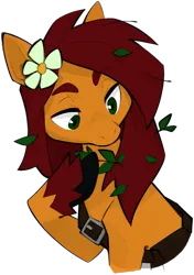 Size: 895x1268 | Tagged: safe, artist:dar, derpibooru import, oc, oc:apple bloom, unofficial characters only, earth pony, fanfic:song of seven, bag, buckle, bust, earth pony oc, eyebrows, flower, flower in hair, hooves, image, leaf, leaves, messy mane, png, satchek, simple background, solo, unshorn fetlocks