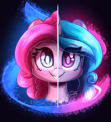 Size: 2203x2407 | Tagged: safe, artist:sakukitty, derpibooru import, izzy moonbow, pinkie pie, earth pony, pony, unicorn, abstract background, bust, cute, diapinkes, duo, duo female, female, g4, g4 to g5, g5, generation leap, image, izzybetes, jpeg, mare, portrait, smiling