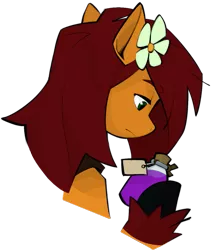 Size: 915x1086 | Tagged: safe, artist:dar, derpibooru import, oc, oc:apple bloom, unofficial characters only, earth pony, fanfic:song of seven, bottle, bust, earth pony oc, eyebrows, flower, flower in hair, image, png, potion, simple background, solo, unshorn fetlocks