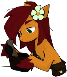 Size: 1025x1170 | Tagged: safe, artist:dar, derpibooru import, oc, unofficial characters only, earth pony, fanfic:song of seven, bag, buckle, bust, earth pony oc, eyebrows, flower, flower in hair, hooves, image, mortar and pestle, png, satchel, simple background, solo, unshorn fetlocks