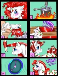 Size: 300x389 | Tagged: safe, artist:whippitluv, derpibooru import, sugarberry, earth pony, human, pony, brush, clock, comb, curly hair, curly mane, fire, food, g1, hair curlers, hair styling, hairbrush, hand, happy, image, irl, jpeg, makeover, messy mane, photo, pot, sad, scared, straw, strawberry, toy, tutorial, water