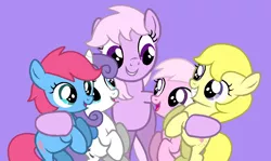 Size: 1003x598 | Tagged: safe, artist:jigglewiggleinthepigglywiggle, derpibooru import, baby cotton candy, baby cuddles, baby glory, baby lofty, lickety split, lickety-split, earth pony, pegasus, pony, unicorn, baby, baby cottoncandybetes, baby glorybetes, baby loftybetes, baby ponies, baby pony, base used, cuddlebetes, cute, female, filly, foal, g1, g1 licketybetes, g1 to g4, g4, generation leap, grin, group, group hug, hooves, hug, image, mare, open mouth, open smile, png, purple background, simple background, smiling