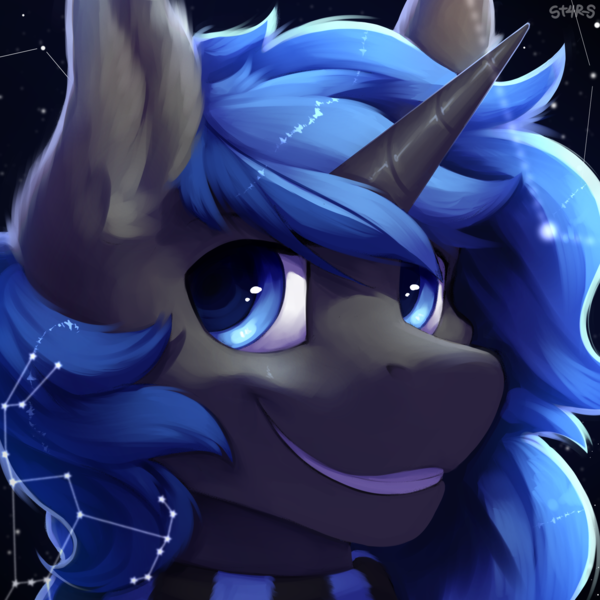 Size: 1500x1500 | Tagged: safe, artist:st4rs6, derpibooru import, oc, oc:orion, unofficial characters only, pony, unicorn, bust, clothes, commission, constellation, image, male, png, portrait, scarf, smiling, stallion, stars