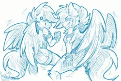 Size: 3000x2000 | Tagged: safe, artist:mimy92sonadow, derpibooru import, rainbow dash, scootaloo, anthro, pegasus, grin, image, jpeg, looking at each other, looking at someone, monochrome, older, older scootaloo, simple background, smiling, white background