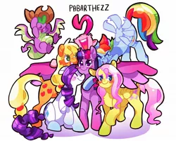 Size: 2048x1647 | Tagged: safe, artist:pabarthezz, derpibooru import, applejack, fluttershy, pinkie pie, rainbow dash, rarity, spike, twilight sparkle, twilight sparkle (alicorn), alicorn, dragon, earth pony, pegasus, pony, unicorn, accessory swap, blush sticker, blushing, cheek fluff, cute, eyes closed, female, flying, group hug, hug, image, jpeg, male, mane seven, mane six, mare, open mouth, simple background, smiling, white background, winged spike, winghug, wings