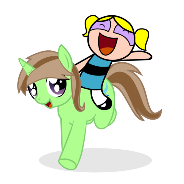 Size: 2000x2000 | Tagged: safe, artist:grapefruit-face, artist:xxpinklunaxx, derpibooru import, oc, oc:limey lulamoon, base used, bubbles (powerpuff girls), duo, eyes closed, galloping, happy, image, looking at you, parents:grapexie, png, riding a pony, running, simple background, the powerpuff girls, transparent background