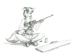 Size: 1500x1131 | Tagged: safe, artist:baron engel, derpibooru import, coco pommel, anthro, earth pony, clothes, female, grayscale, gun, image, jpeg, monochrome, pants, pencil drawing, shoes, sniper, solo, story in the source, story included, tanktop, traditional art, weapon