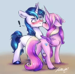 Size: 1709x1676 | Tagged: safe, artist:buttersprinkle, derpibooru import, princess cadance, shining armor, alicorn, pony, unicorn, blushing, butt, duo, female, floppy ears, image, kissing, male, mare, missing accessory, plot, png, shiningcadance, shipping, stallion, straight, surprise kiss, surprised