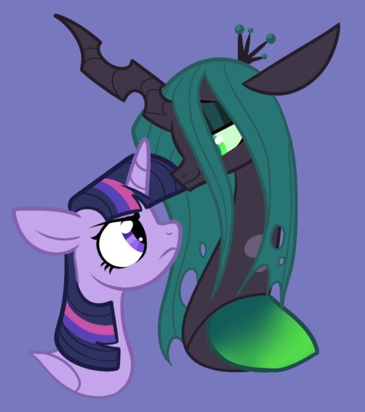 Size: 742x837 | Tagged: safe, artist:rockin_candies, derpibooru import, queen chrysalis, twilight sparkle, twilight sparkle (alicorn), alicorn, changeling, changeling queen, pony, angry, duo, female, glare, horn, image, jpeg, lesbian, looking at each other, looking at someone, purple background, shipping, simple background, smiling, smug, twisalis, wings