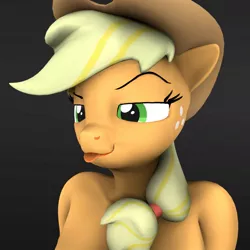 Size: 1152x1152 | Tagged: safe, artist:tkaloniesfm, derpibooru import, applejack, anthro, earth pony, 3d, bare shoulders, black background, breasts, female, image, jpeg, lidded eyes, simple background, source filmmaker, tongue out