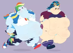Size: 2196x1596 | Tagged: suggestive, artist:necrofeline, derpibooru import, indigo zap, rainbow dash, series:the big run, equestria girls, friendship games, belly, belly expansion, big belly, big legs, bingo legs, bingo wings, bracelet, breasts, busty rainbow dash, chubby, chubby cheeks, clothes, duo, duo female, ear piercing, earring, fat, fat arms, fat ass, fat legs, female, goggles on head, growth, image, indigo zapped, jewelry, large butt, lavender background, obese, piercing, png, pudgy, rainblob dash, sequence, simple background, sweat, sweatdrops, wardrobe malfunction, weight gain, weight gain sequence, wobbling