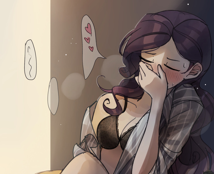 Size: 1280x1047 | Tagged: questionable, artist:tcn1205, derpibooru import, applejack, rarity, equestria girls, blushing, bra, breasts, cleavage, clothes, cropped, cropped porn, eyes closed, female, image, jpeg, lesbian, rarijack, shipping, solo focus, speech bubble, underwear