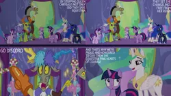 Size: 1280x720 | Tagged: safe, derpibooru import, edit, edited screencap, editor:quoterific, screencap, discord, princess celestia, princess luna, starlight glimmer, thorax, trixie, twilight sparkle, twilight sparkle (alicorn), alicorn, changedling, changeling, draconequus, pony, unicorn, celestial advice, season 7, :o, ^^, cape, clothes, crown, cute, eyes closed, female, hat, image, jewelry, king thorax, male, mare, open mouth, open smile, png, regalia, smiling, text, trixie's cape, trixie's hat, twiabetes, twilight's castle