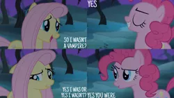 Size: 1280x720 | Tagged: safe, derpibooru import, edit, edited screencap, editor:quoterific, screencap, fluttershy, pinkie pie, earth pony, pegasus, pony, bats!, season 4, duo, duo female, eyes closed, female, floppy ears, frown, grin, image, jpeg, mare, night, open mouth, open smile, smiling, teeth, text