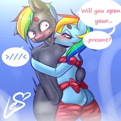 Size: 2400x2400 | Tagged: suggestive, artist:lesenka, derpibooru import, rainbow dash, oc, oc:dark rainbow, pegasus, pony, semi-anthro, bipedal, blue background, blushing, butt, canon x oc, cuddling, cute, darsh, dialogue, eye contact, female, image, licking, looking at each other, looking at someone, male, mare, no tail, pegasus oc, png, present, rainbutt dash, sexy, shipping, simple background, stallion, tongue out, wingless, wings