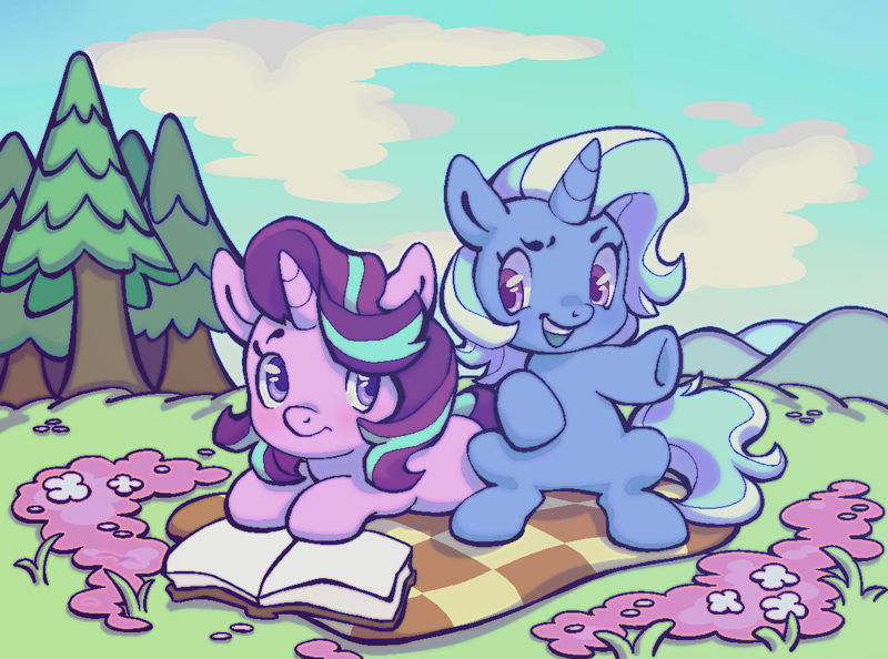 Size: 1134x842 | Tagged: safe, artist:fluttershyes, artist:fluttershyweed, derpibooru import, starlight glimmer, trixie, pony, unicorn, book, cloud, duo, female, flower, grass, image, looking at each other, looking at someone, lying down, mare, open mouth, outdoors, picnic, picnic blanket, png, prone, sitting, tree