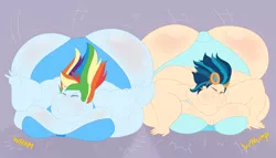 Size: 2796x1596 | Tagged: suggestive, artist:necrofeline, derpibooru import, indigo zap, rainbow dash, series:the big run, equestria girls, friendship games, bbw, belly, belly expansion, big belly, big legs, bingo legs, bingo wings, bra, bracelet, breasts, busty rainbow dash, chubby, chubby cheeks, clothes, duo, duo female, ear piercing, earring, falling, fat, fat arms, fat ass, fat legs, female, goggles on head, growth, image, indigo zapped, jewelry, large butt, lavender background, obese, onomatopoeia, panties, piercing, png, pudgy, rainblob dash, sequence, simple background, sweat, underwear, weight gain, weight gain sequence