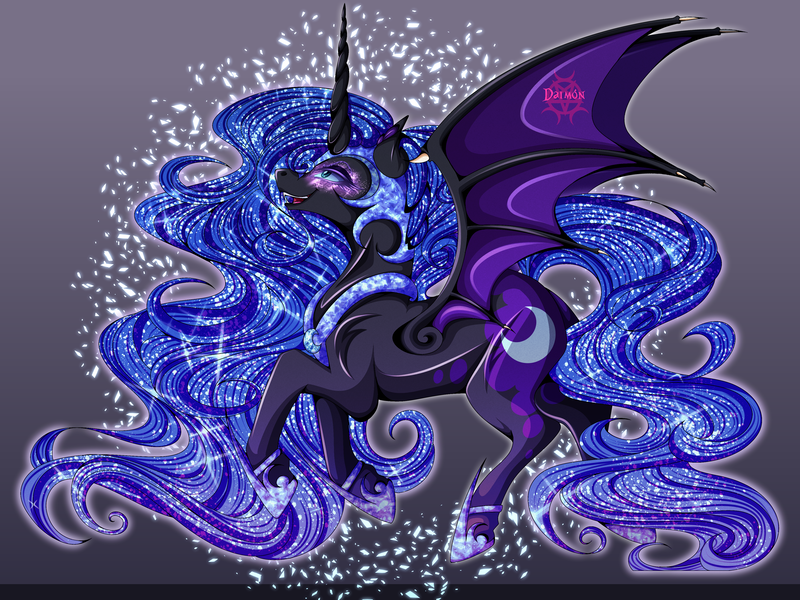 Size: 4000x3000 | Tagged: safe, artist:0daimon0, derpibooru import, nightmare moon, alicorn, pony, bat wings, blue mane, blue tail, colored pupils, commission, ethereal mane, female, flowing mane, flowing tail, gray background, green eyes, hoof shoes, horn, image, lidded eyes, mare, open mouth, peytral, png, simple background, smiling, solo, sparkles, spread wings, starry mane, starry tail, tail, teeth, wings