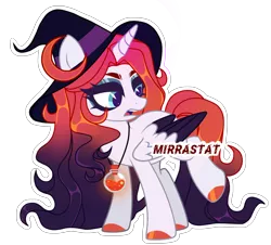 Size: 2952x2671 | Tagged: safe, artist:mirrastat, derpibooru import, oc, unofficial characters only, alicorn, pony, alicorn oc, base used, colored wings, eyelashes, female, hat, hoof polish, horn, image, jewelry, looking back, makeup, mare, necklace, png, simple background, solo, transparent background, two toned wings, wings, witch hat