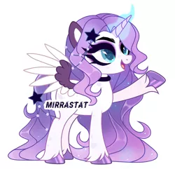 Size: 3176x3063 | Tagged: safe, artist:mirrastat, derpibooru import, oc, unofficial characters only, alicorn, pony, alicorn oc, base used, choker, colored wings, eyelashes, female, glow, glowing horn, hoof polish, horn, image, jpeg, makeup, mare, raised hoof, simple background, smiling, solo, two toned wings, unshorn fetlocks, white background, wings