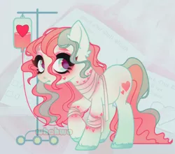 Size: 3574x3156 | Tagged: safe, artist:whohwo, derpibooru import, oc, unofficial characters only, earth pony, pony, abstract background, bandage, base used, ear fluff, earth pony oc, eyelashes, female, heart, image, iv drip, makeup, mare, png, raised hoof, smiling, solo, unshorn fetlocks