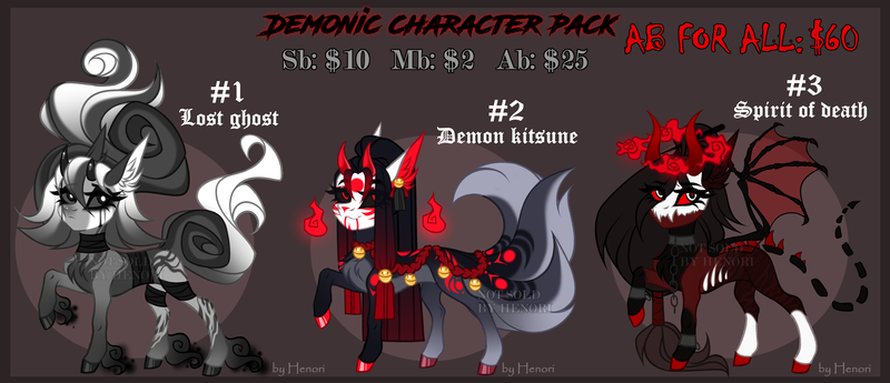 Size: 4750x2050 | Tagged: safe, artist:henorinya, derpibooru import, oc, unofficial characters only, demon, demon pony, original species, pony, base used, bat wings, choker, eyelashes, female, hoof polish, horns, image, makeup, mare, png, raised hoof, reference sheet, smiling, wings