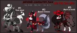 Size: 4750x2050 | Tagged: safe, artist:henorinya, derpibooru import, oc, unofficial characters only, demon, demon pony, original species, pony, base used, bat wings, choker, eyelashes, female, hoof polish, horns, image, makeup, mare, png, raised hoof, reference sheet, smiling, wings