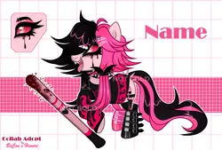 Size: 4000x2700 | Tagged: safe, artist:henorinya, derpibooru import, oc, unofficial characters only, earth pony, pony, base used, baseball bat, boots, clothes, earth pony oc, eyelashes, female, goth, image, makeup, mare, png, red eyes, reference sheet, running makeup, shoes, smiling, solo, tongue out