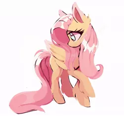 Size: 837x786 | Tagged: safe, artist:yaboi97240223, derpibooru import, fluttershy, pegasus, pony, cute, ear fluff, female, folded wings, head turn, image, jpeg, leg fluff, looking away, looking down, mare, no pupils, profile, raised hoof, shyabetes, simple background, solo, standing, unshorn fetlocks, white background, wings