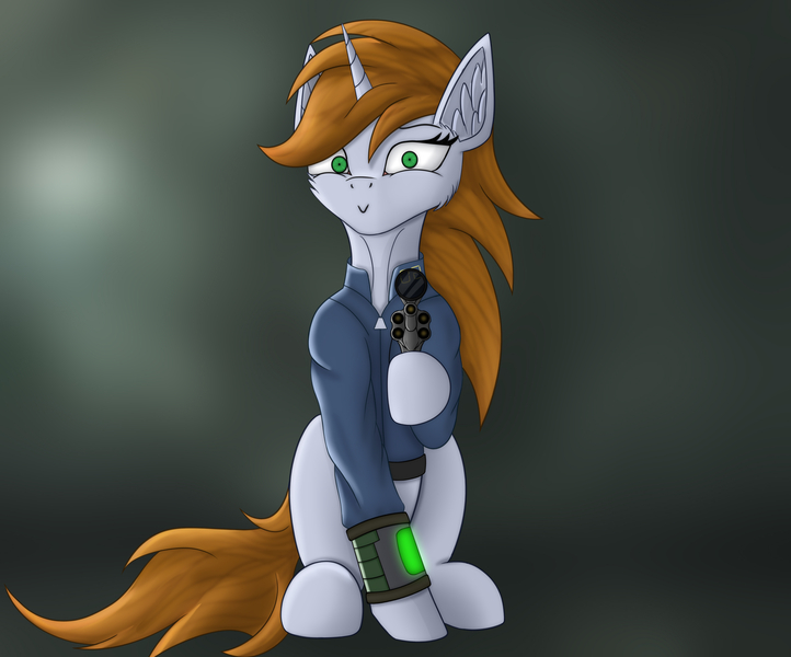 Size: 2600x2160 | Tagged: safe, artist:zweihander, derpibooru import, oc, oc:littlepip, unofficial characters only, pony, unicorn, fallout equestria, fanfic, abstract background, digital art, fallout, fanfic art, female, gun, handgun, high res, hooves, image, jpeg, little macintosh, looking at you, mare, pipbuck, revolver, sitting, smiling, tail, weapon