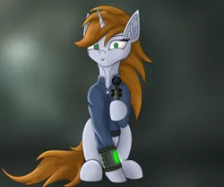 Size: 2600x2160 | Tagged: safe, artist:zweihander, derpibooru import, oc, oc:littlepip, unofficial characters only, pony, unicorn, fallout equestria, fanfic, abstract background, digital art, fallout, fanfic art, female, gun, handgun, high res, hooves, image, jpeg, little macintosh, looking at you, mare, pipbuck, revolver, sitting, smiling, tail, weapon