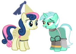 Size: 720x516 | Tagged: safe, artist:darlycatmake, derpibooru import, bon bon, lyra heartstrings, sweetie drops, earth pony, pony, unicorn, 1000 hours in ms paint, cute, happy, hennin, image, knight, knight rescues the princess, lidded eyes, looking at each other, looking at someone, lyrabetes, open mouth, png, princess, simple background, smiling, smiling at each other, transparent background, wide eyes