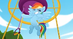 Size: 1920x1040 | Tagged: safe, artist:anonymous, derpibooru import, edit, edited screencap, screencap, rainbow dash, pegasus, pony, rainbow roadtrip, armpits, belly button, edit of an edit of an edit of an edit, female, grin, hot air balloon, image, looking at you, mare, png, smiling, solo, spread wings, wings
