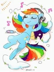 Size: 2400x3200 | Tagged: safe, artist:nendo, derpibooru import, rainbow dash, pegasus, eyes closed, headphones, hooves behind head, image, jpeg, listening to music, lying down, mobile phone, music notes, on back, phone, smartphone, solo